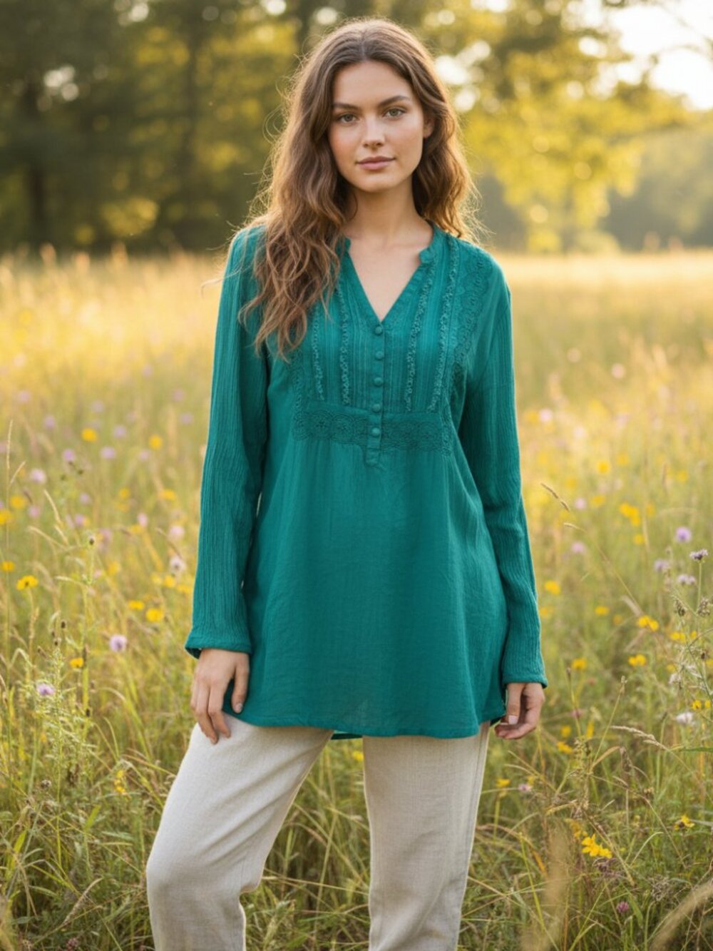 Suzette M Top Teal Green Fringe Boho Cottage Peasant Indie Artsy Embroidered